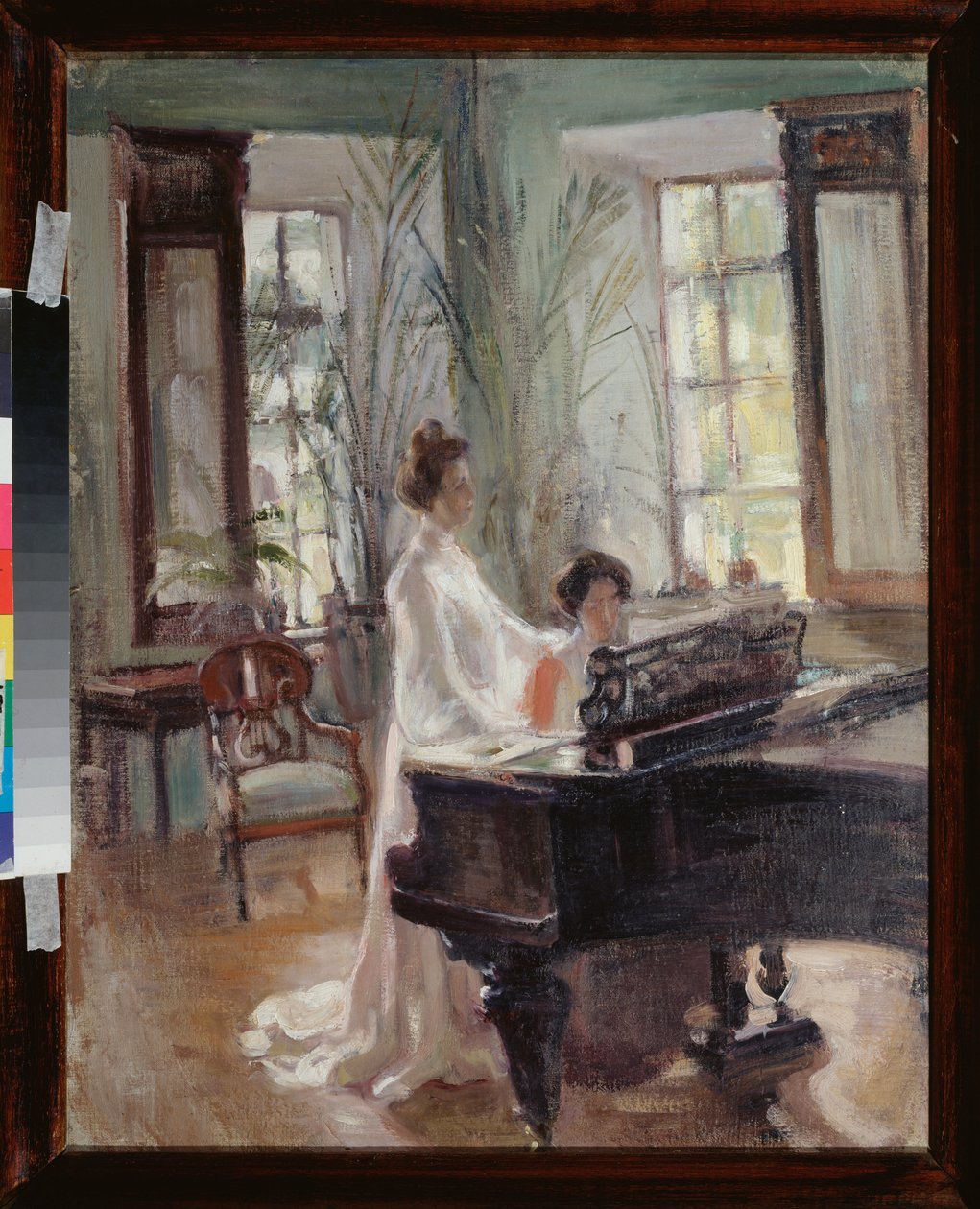 En una sala de recepción - Dos mujeres haciendo música, cantando y tocando el piano - Obra de Alexander Valentinovich Sredin (Sredine) (1872-1934), óleo sobre cartón - Arte ruso de finales del siglo XIX-principios del XX, modernismo - Regional Ar de Alexander Sredin