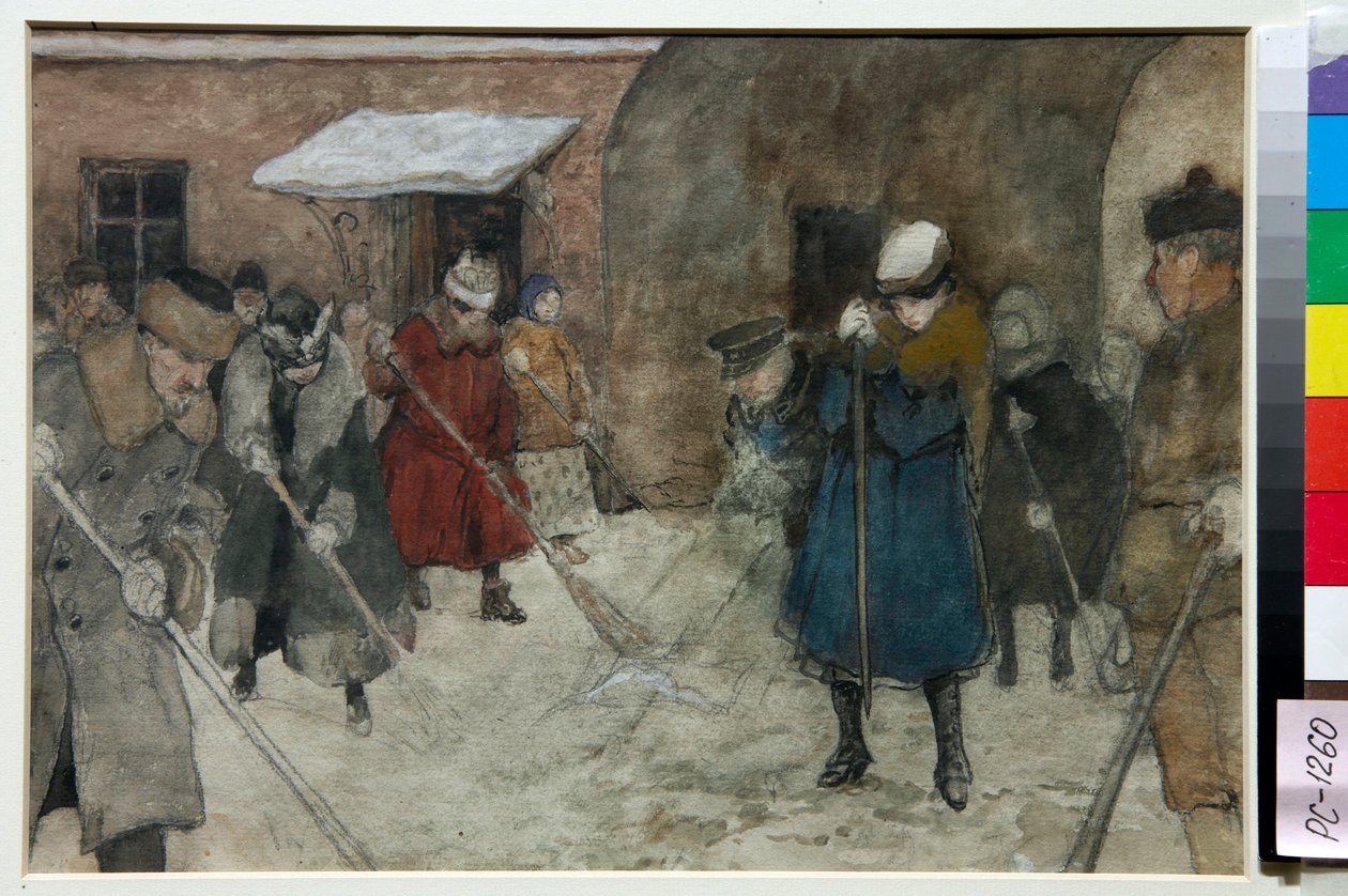 Personas barriendo la nieve en una calle en invierno - Obra de Alexander Ivanovich Vakhrameyev (1874-1926), hacia 1921 - Remoción de nieve - Acuarela, color blanco, tiza negra sobre papel de Alexander Ivanovich Vakhrameyev (1874-1926), ca 1921 - 21,4x29 .5 de Alexander Vakhrameyev