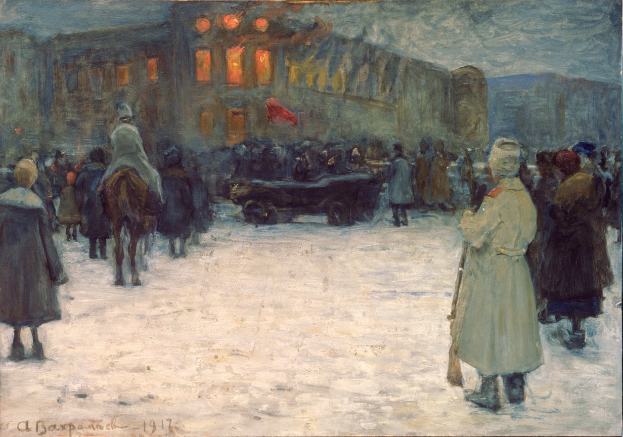 Incendio en el castillo lituano, revolución de febrero de 1917, San Petersburgo - Obra de Alexander Ivanovich Vakhrameyev (1874-1926), gouache sobre papel de Alexander Vakhrameyev