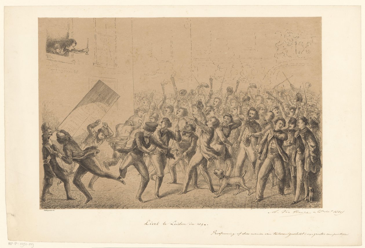 Los estudiantes que celebran saludan a su ídolo Franz Liszt Liszt en Leiden en 184* (título sobre objeto) Desde el pasado (título de la serie) de Alexander Ver Huell (signed by artist)