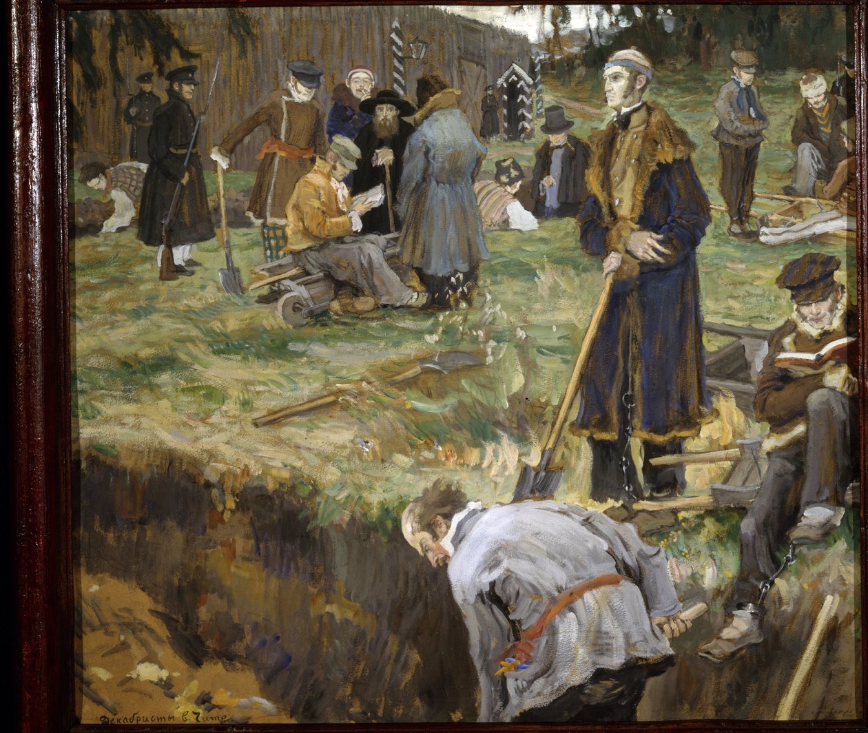 Los decembristas (o decabristas) condenados al exilio en Chita, Siberia, tras el intento de golpe de Estado del 14 de diciembre de 1825. Pintura de Alexander Viktorovich (Alexander Victor) Moravov (1878-1951) de Alexander Viktorovich Moravov