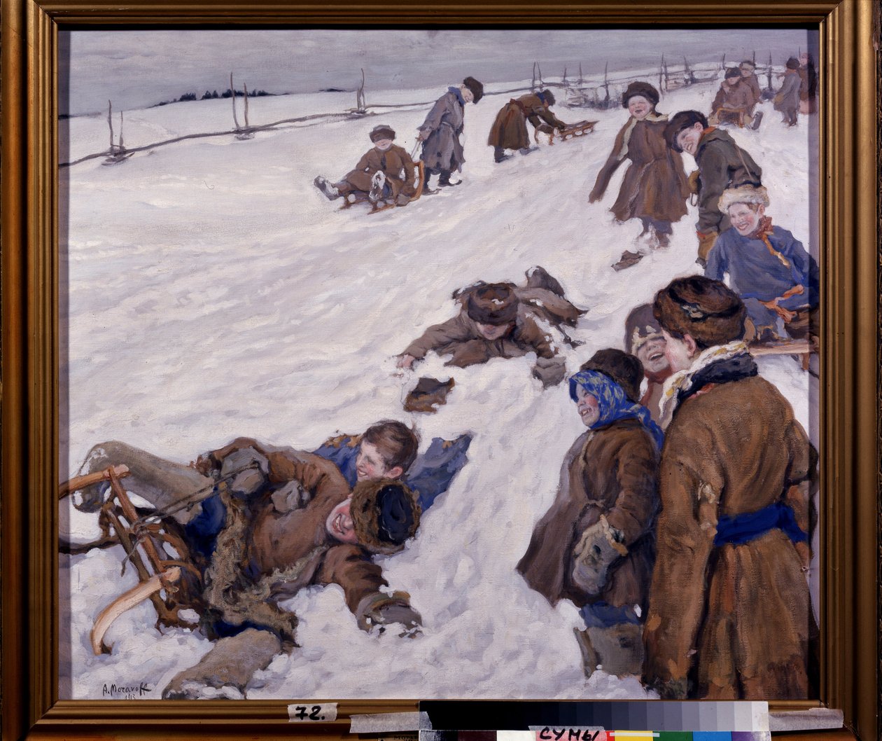 Deportes de invierno. Escena de trineo, en un campo nevado, los niños abrigados se divierten y ríen a carcajadas. Pintura de Alexander Viktorovich (Alexander Victor) Moravov (1878-1951), óleo sobre lienzo de Alexander Viktorovich Moravov