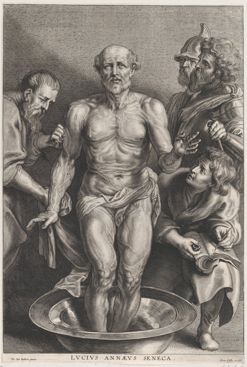La muerte de Séneca, de pie en el centro con los pies en una palangana de agua, apoyado..., ca. 1655-78 de Alexander Voet