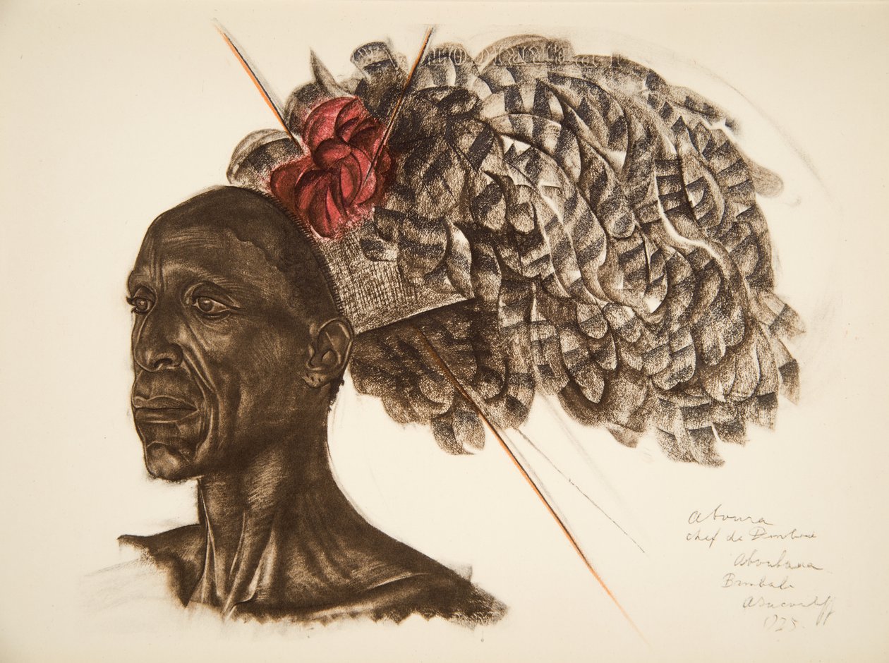 Aboura, jefe Ababoua (Bambili), de Dibujos y Pinturas de África, ejecutados durante la expedición Citroën Centro África, segunda misión Haardt Audouin-Dubreuil, pub. París, 1927 de Alexander Yakovlev