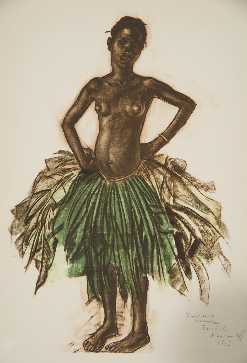 Bailarina Makere (Bambili), de Dibujos y Pinturas de África, ejecutados durante la expedición Citroën Centro África, segunda misión Haardt Audouin-Dubreuil, pub. París, 1927 de Alexander Yakovlev