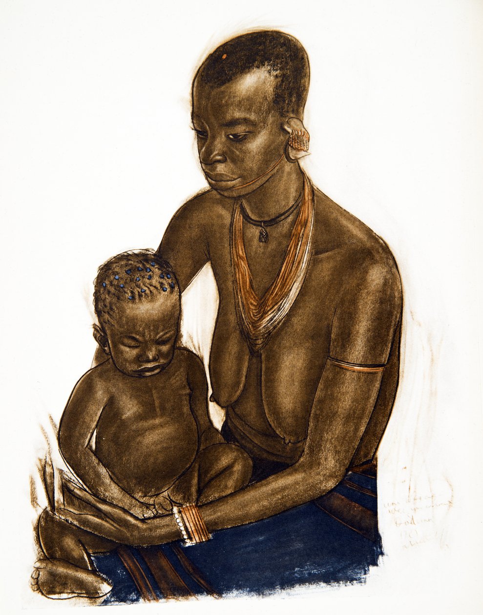 Mujer MGogo con su hijo (Dodoma), de Dibujos y Pinturas de África, ejecutados durante la expedición Citroën Centro África, segunda misión Haardt Audouin-Dubreuil, pub. París, 1927 de Alexander Yakovlev