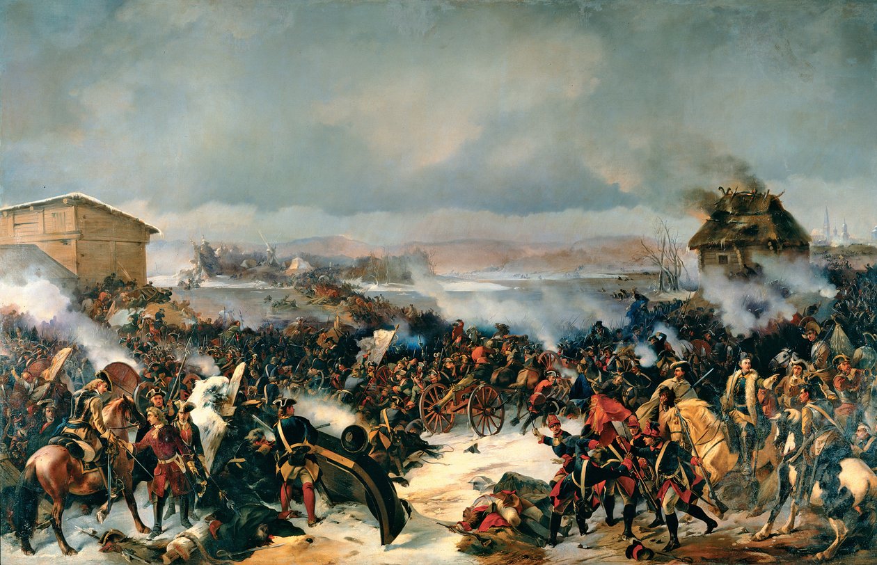 La Batalla de Narva, 19 de noviembre de 1700. Episodio de la Gran Guerra del Norte (1700-1721) entre Suecia y todos los países bálticos, Dinamarca, Polonia y Rusia. Pintura de Alexander (Alexander) von Kotzebue (1815-1889), óleo sobre lienzo de Alexander von Kotzebue
