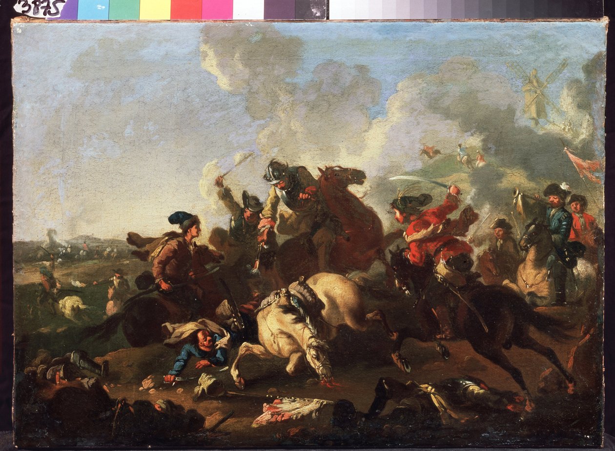 Escena de la Batalla de Poltava (o Pultawa, Ucrania) (Escena de la Batalla de Poltava). Batalla que tuvo lugar el 8 de julio de 1709, entre el ejército de Pedro I de Rusia (conocido como Le Grand de Alexander von Kotzebue