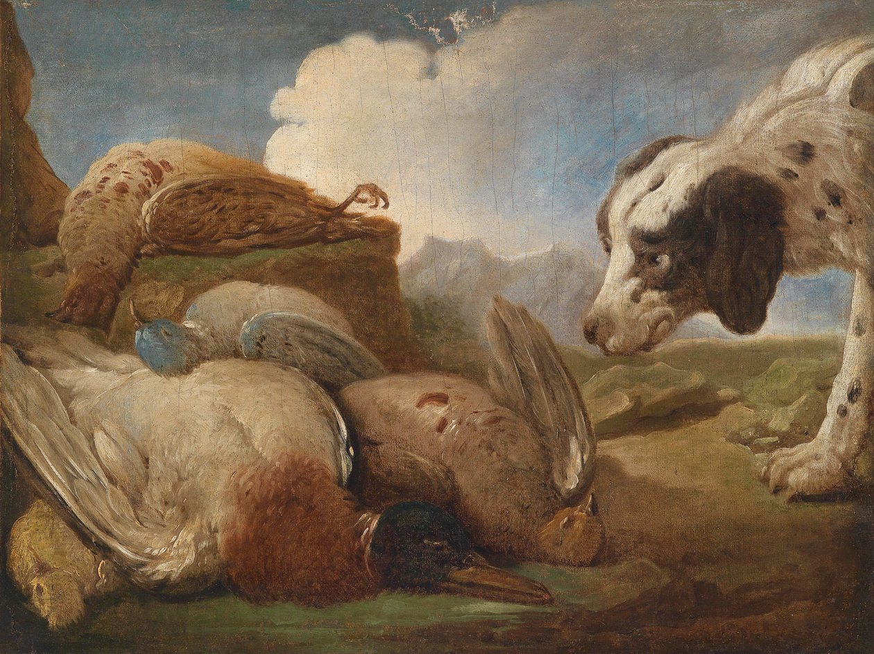 Un perro de caza oliendo aves de caza muertas de Alexandre Francois Desportes