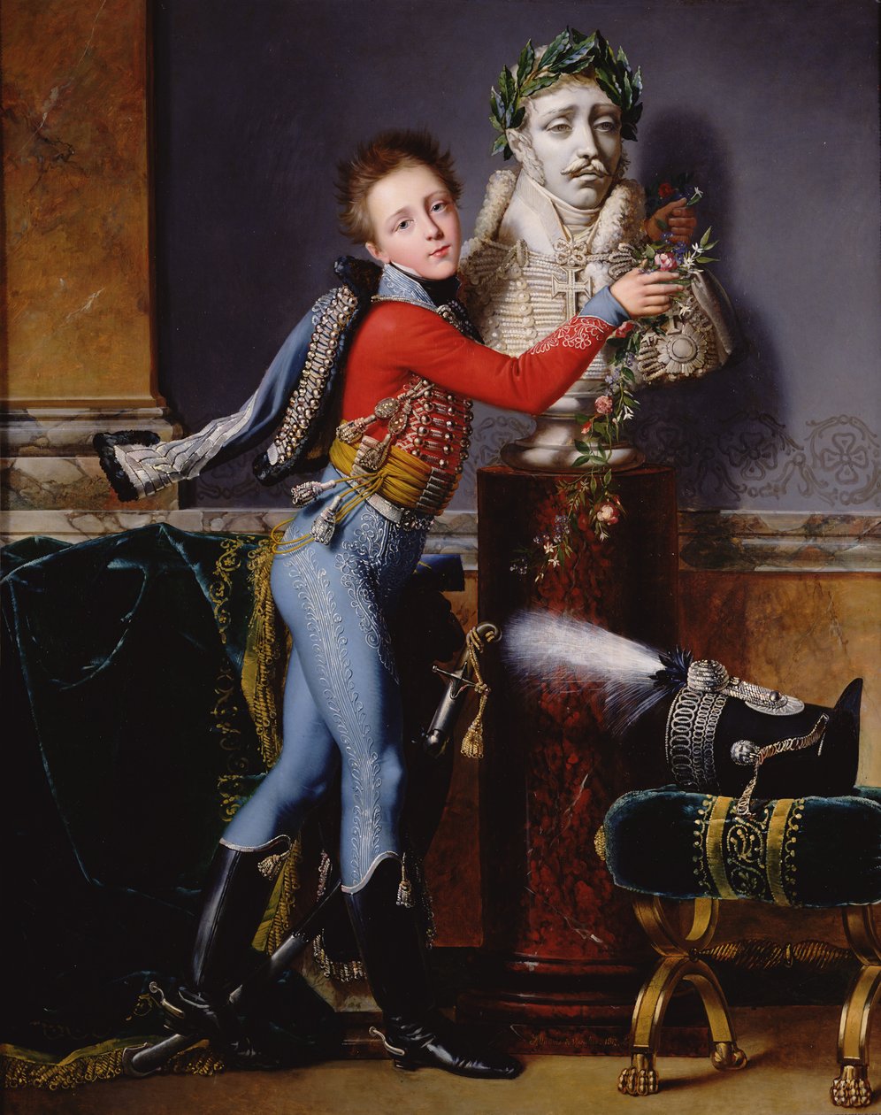 Retrato de Edouard Cesar de Laborde adornando el busto de su padre con flores, 1817 de Alexandre Jean Dubois Drahonet