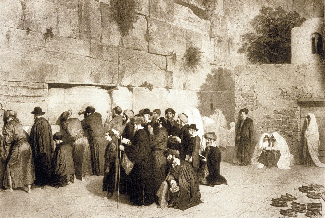 Pueblo judío en el Muro de las Lamentaciones, Jerusalén, hacia 1880 (grabado) de Alexandre (after) Bida