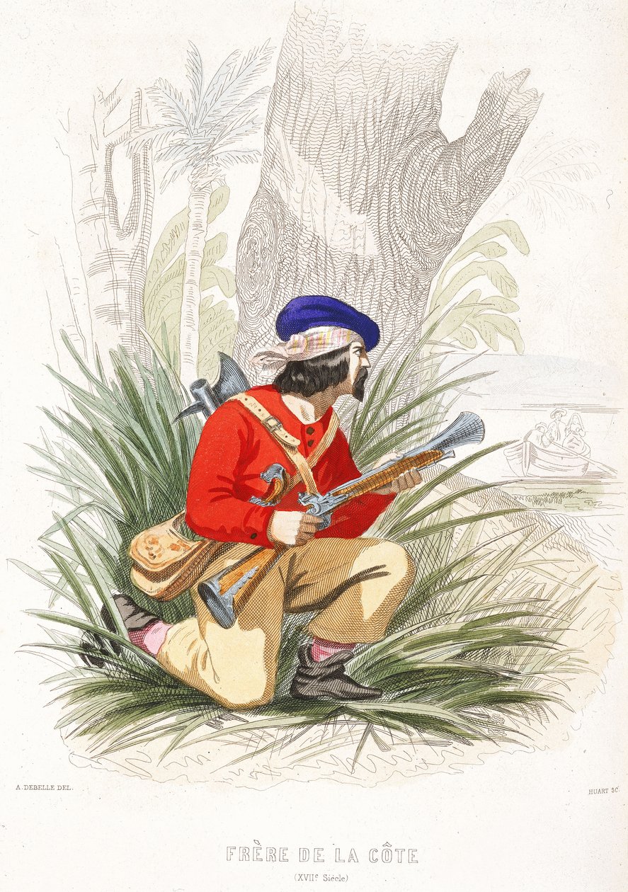 Un pirata se prepara para una emboscada, mediados del siglo XIX (grabado coloreado) de Alexandre (after) Debelle