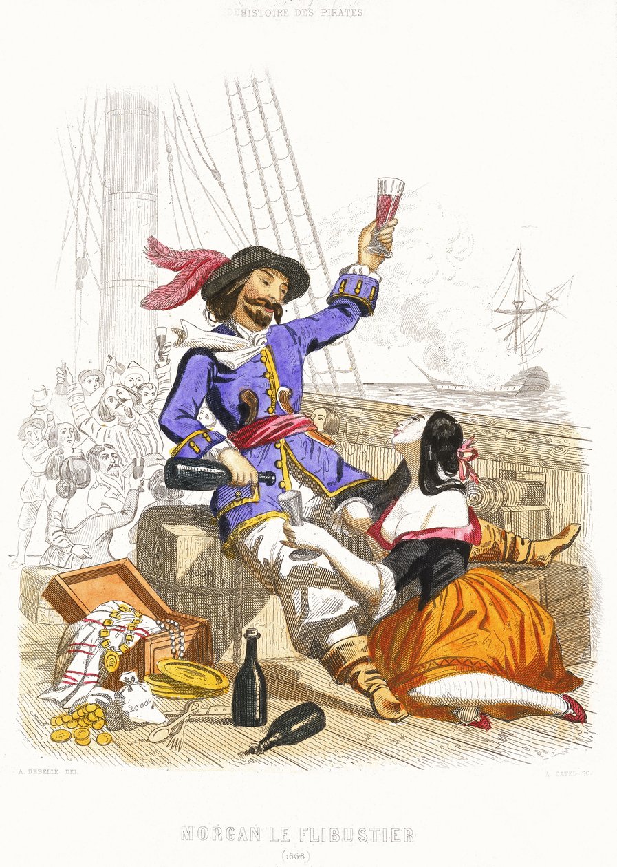 El capitán Henry Morgan se divierte con vino y mujeres, al más puro estilo pirata, mediados del siglo XIX (grabado coloreado) de Alexandre (after) Debelle