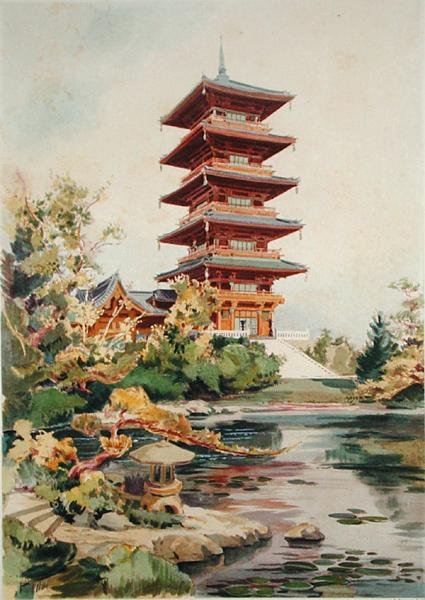 Torre japonesa en el Parque Real de Laeken, Bélgica, de Orientalisme et Architecture Contemporaine, grabado por Jules Adolphe Chauvet de Alexandre Auguste Louis Marcel