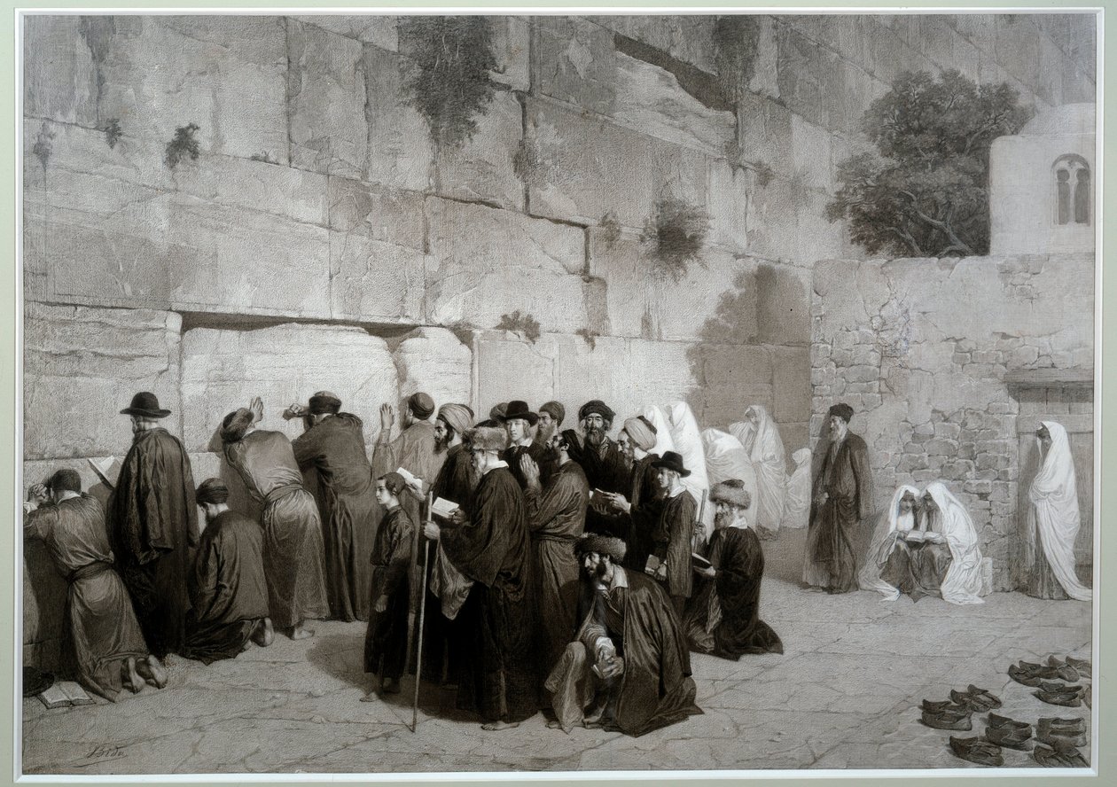 Judaísmo: "El Muro de Salomón" Hombres y mujeres de religión judía rezando ante el Muro de las Lamentaciones. Antes de 1857. Dibujo de Alexandre Bida (1823-1895), aguada, pluma y lápiz sobre papel, Dim. 0,61x0,87 m Malmaison, museo del castillo de Alexandre Bida