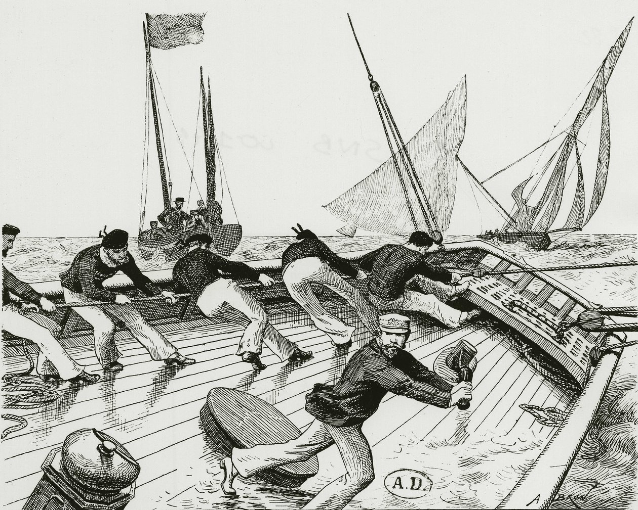 Carrera de vela: Le turn du Bateau-Buoée - dibujo de A. Brun, Bibl. des Arts Deco de Alexandre Brun