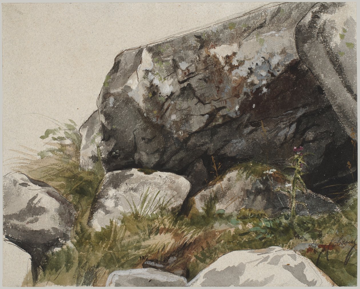 Paisaje rocoso (acuarela con tinta y carboncillo) de Alexandre Cabanel