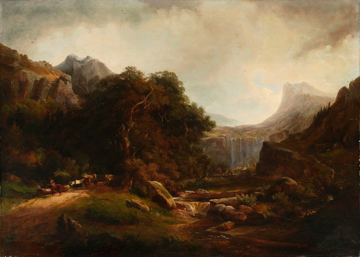 Paisaje montañoso con una cascada de Alexandre Calame