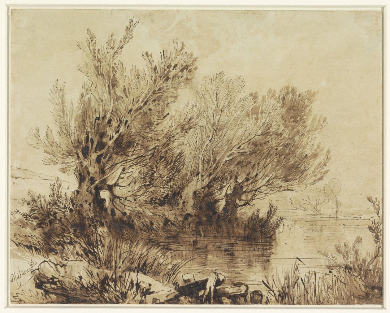 Sauces junto a un lago en un terreno suavemente ondulado de Alexandre Calame