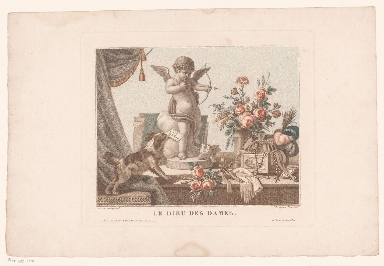 Bodegón sobre una mesa con un perro y una estatua de Cupido Le Dieu des Ladies. (título en el objeto) de Alexandre Chaponnier