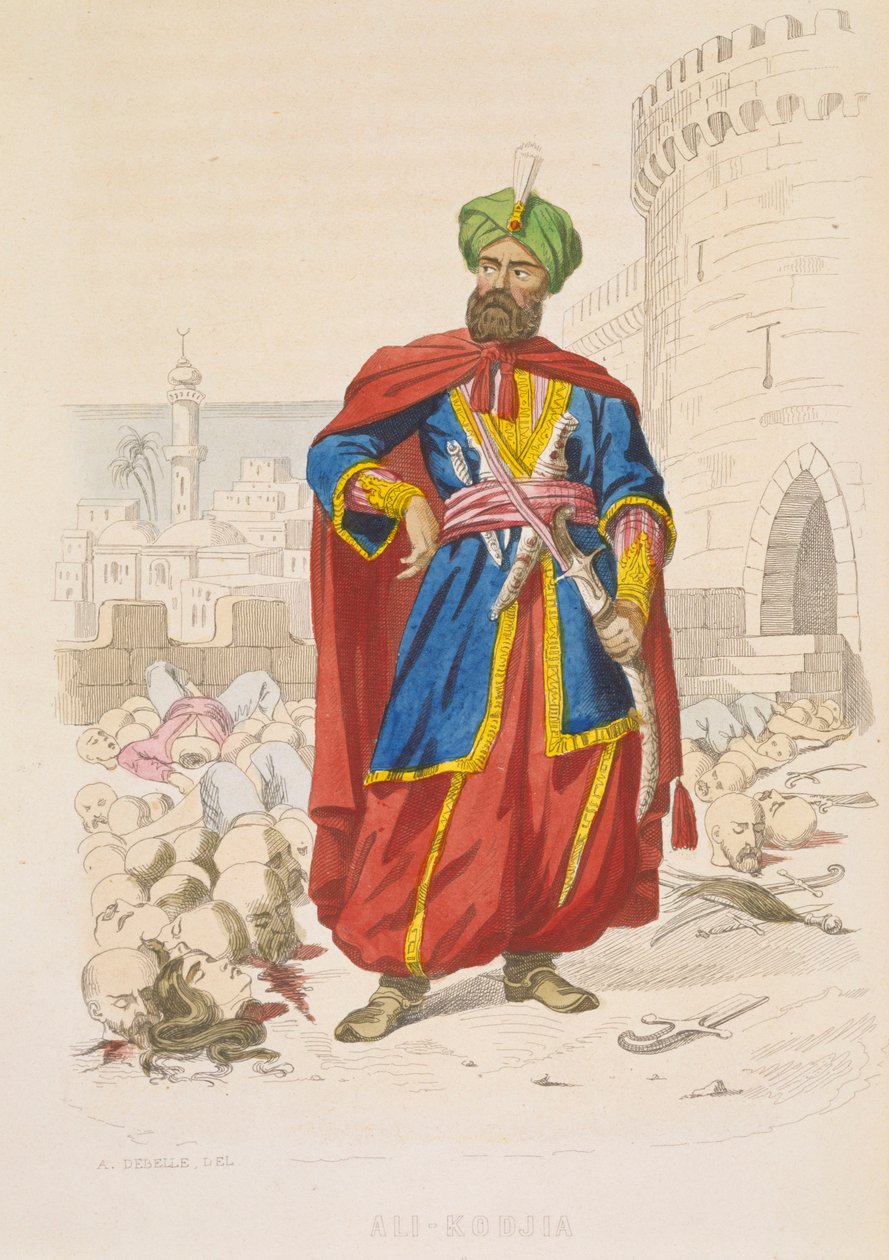Ali Khoja, gobernante de Argel 1816-1818, resplandeciente con un turbante verde y portando una fina espada, está rodeado por las cabezas cortadas de los enemigos vencidos tras el bombardeo de 1816, mediados del siglo XIX (grabado coloreado). de Alexandre Debelle