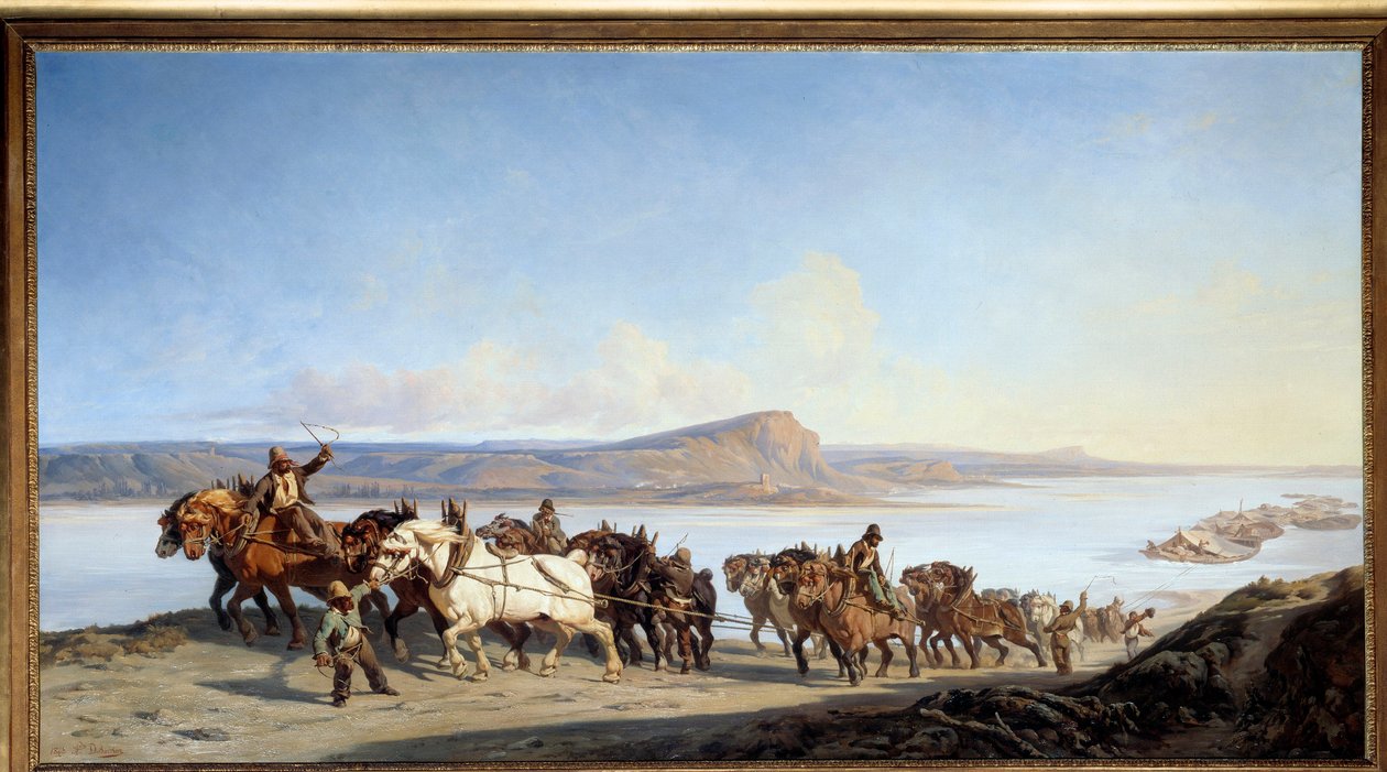 Remolque "Enganche de caballos al servicio de los ascensores de barcos en el Ródano" Pintura de Alexandre Dubuisson (1805-1870) 1843 Lyon, Museo de Bellas Artes de Alexandre Dubuisson