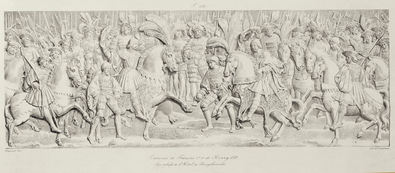 Encuentro de Francisco I y Enrique VIII en el Campo del Paño de Oro, después del relieve de piedra tallada en el Hotel de Bourgtheroulde, Rouen, Normandía, 1501-37, grabado por Godefroy Engelmann de Alexandre Evariste Fragonard