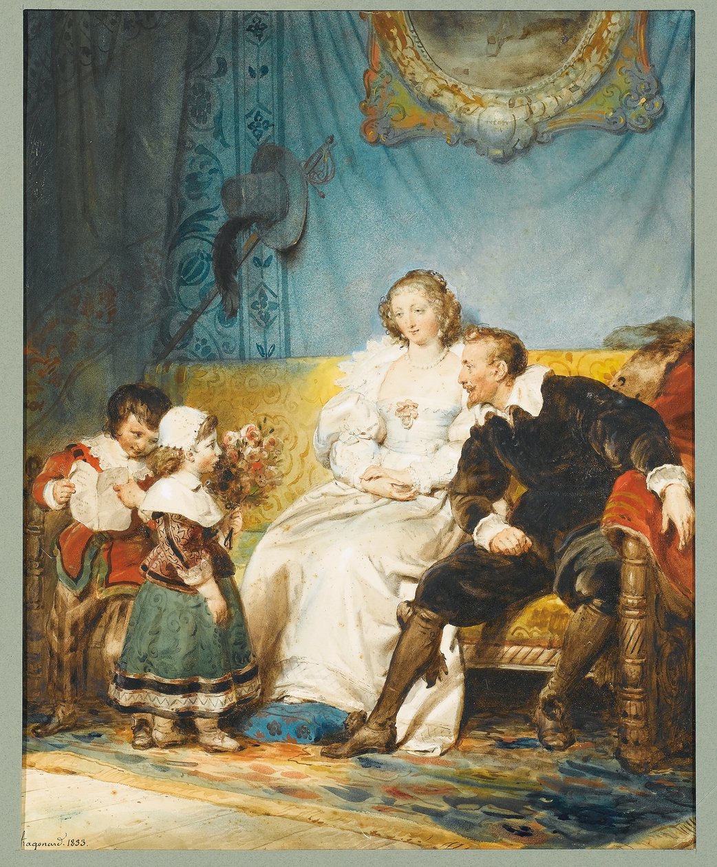 Rubens y Hélène Fourment sentados con Frans sosteniendo una carta e Isabelle Hélène dándoles un ramo de rosas de Alexandre Evariste Fragonard