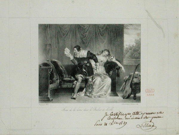 Escena de la carta de la ópera El barbero de Sevilla de Rossini grabada por Villain de Sevres de Alexandre Evariste Fragonard