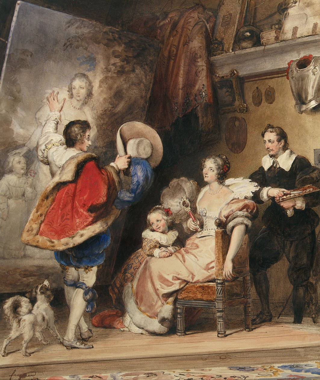 Joven admirando un retrato de una dama y su pequeña hija de Alexandre Evariste Fragonard