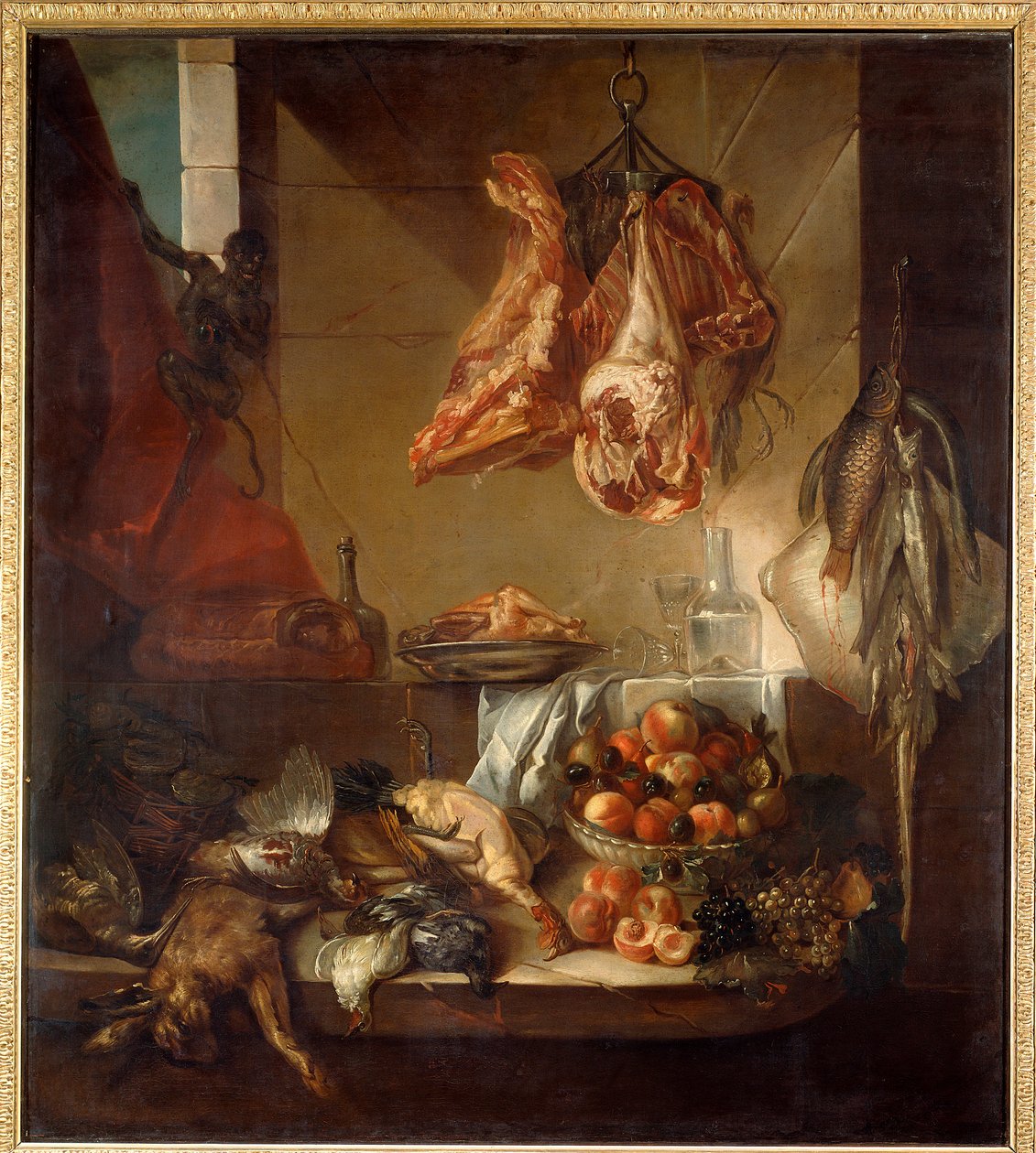 Interior de cocina con bodegón de caza, frutas y carne de Alexandre Francois Desportes