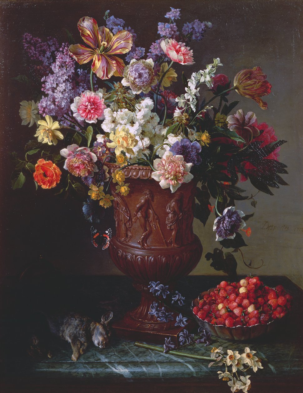 Flores en una Urna Esculpida con un Cuenco de Fresas Silvestres y Liebre en un Saliente, 1715 de Alexandre-Francois Desportes