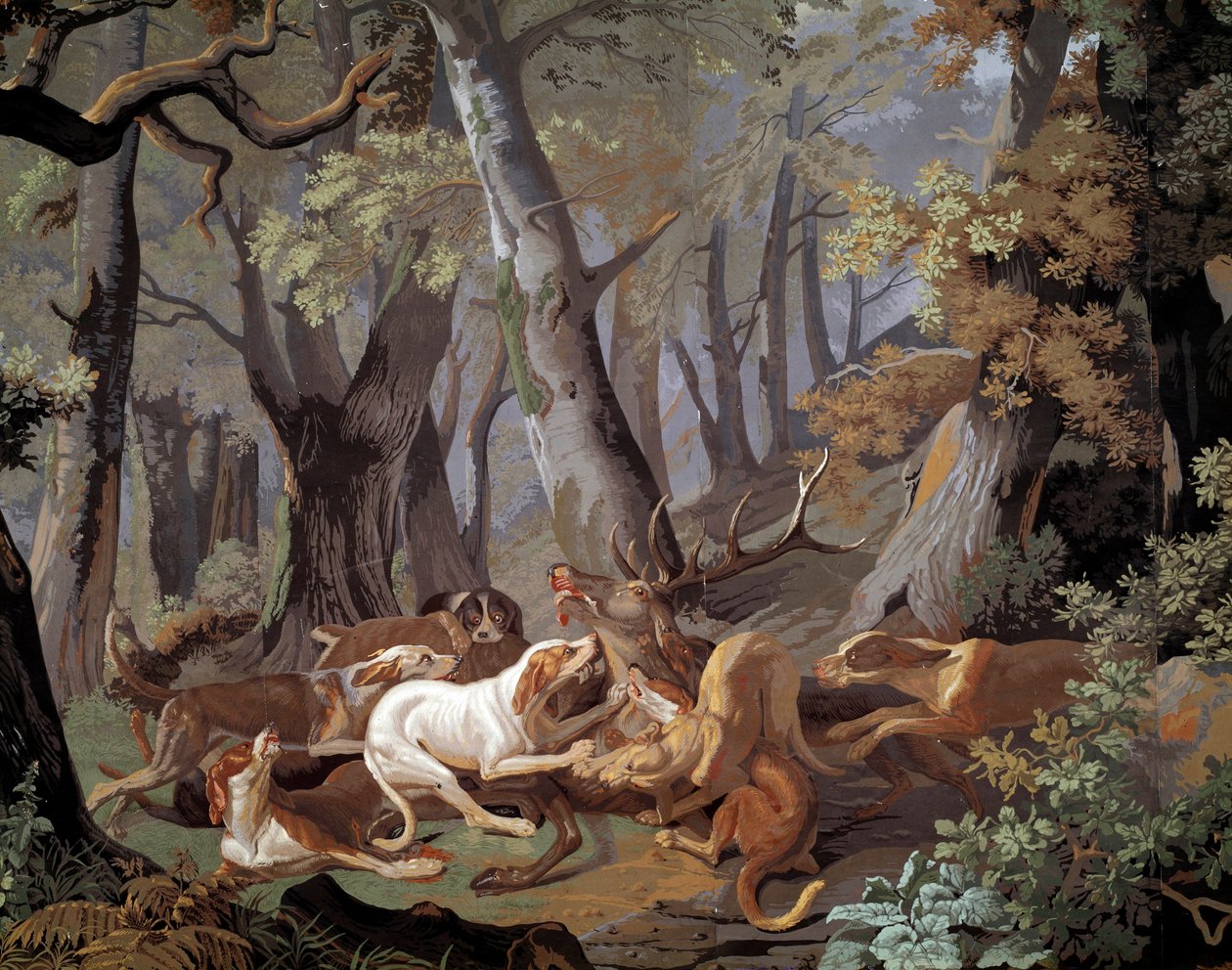 Caza de ciervos Dussy, papel pintado después de una pintura de Alexandre-Francois Desportes (1661-1743). 1851. París, Artes Decorativas de Alexandre Francois Desportes