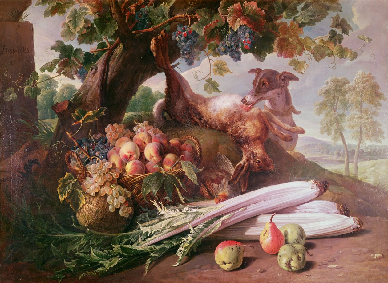 Naturaleza muerta de flores, caza y frutas de Alexandre Francois Desportes