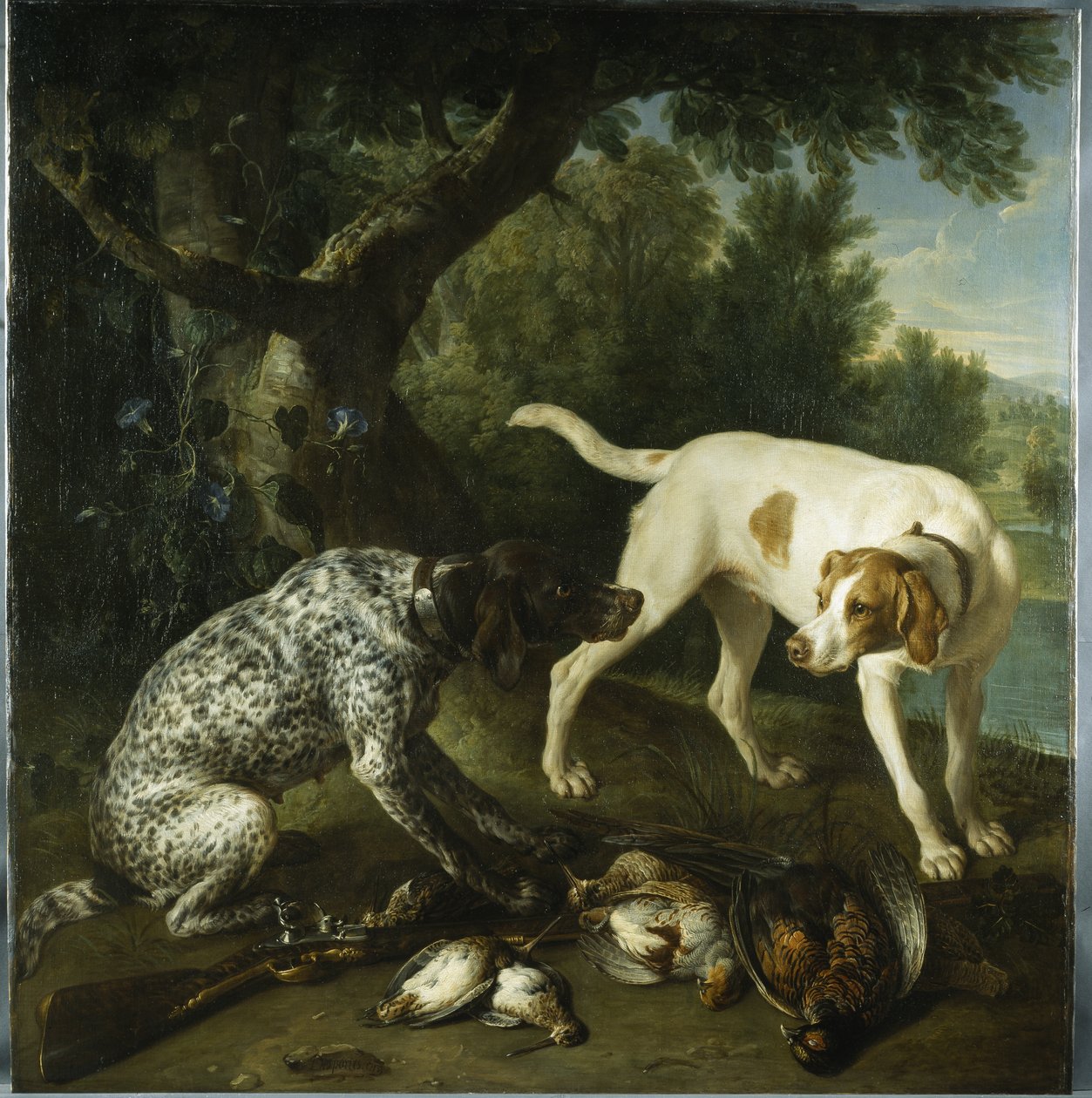 Dos pointers pertenecientes al 3er Conde de Burlington con caza muerta en un paisaje de Alexandre Francois Desportes