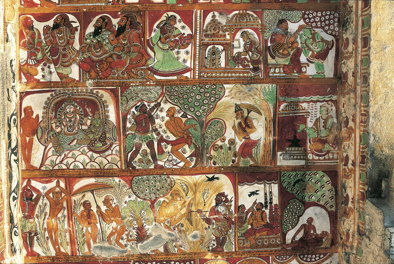 Frescos que representan la vida de Shiva en el santuario de Parvati, templo de Nataraya, Chidambaram, Tamil Nadu, India, siglo V de Nicolas Toussaint Charlet
