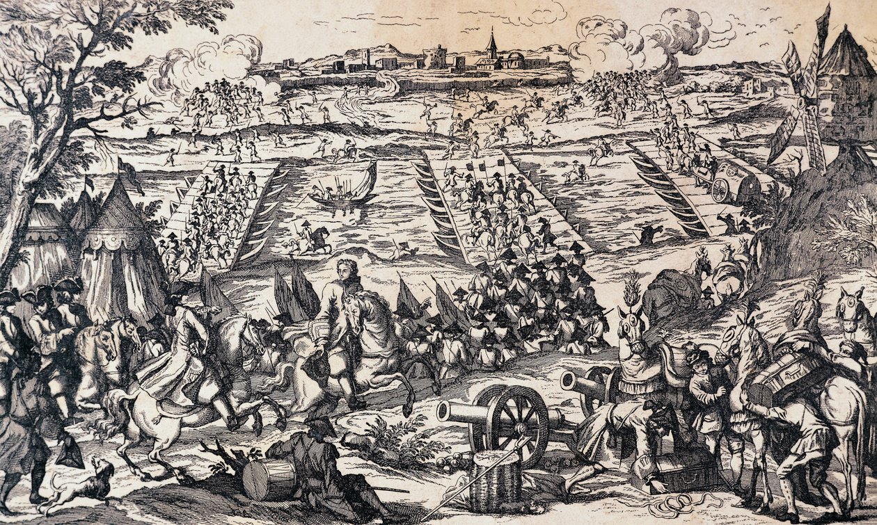 El ejército de Luis XV cruzando el Rin y atacando la línea defensiva en Ettlingen, 1-4 de mayo de Nicolas Toussaint Charlet