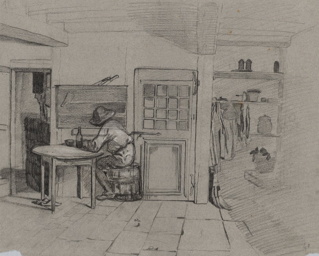 A Farmhouse Interior with a Boy at a Table de Alexandre Gabriel Decamps