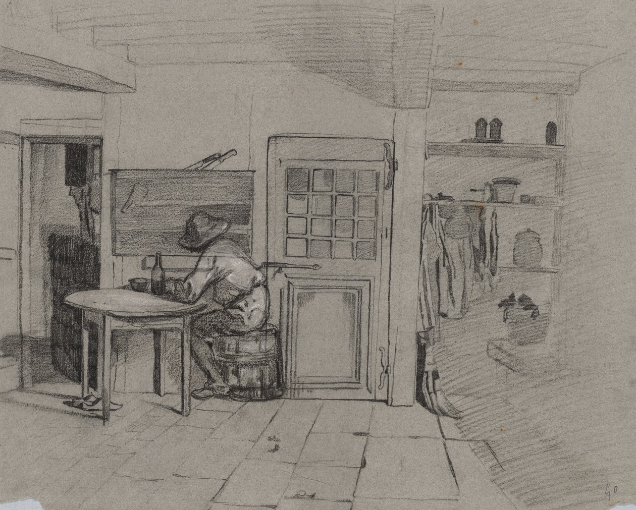 Interior de una casa de campo con un niño en una mesa, c. 1846 de Alexandre Gabriel Decamps