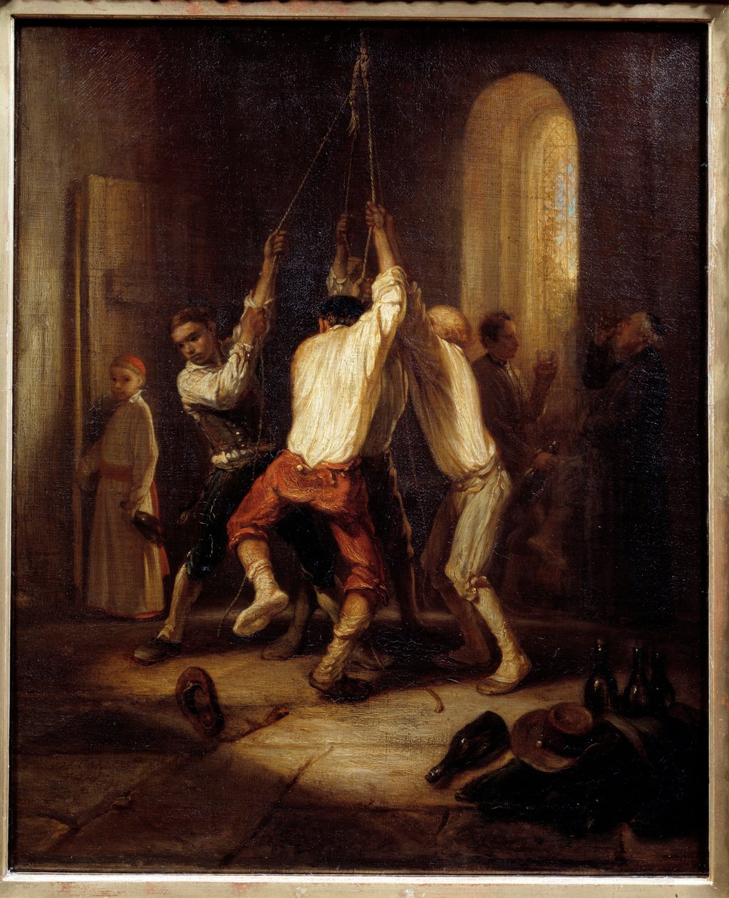 Los tonos. Hombres tiran de la cuerda para tocar las campanas de Alexandre Gabriel Decamps