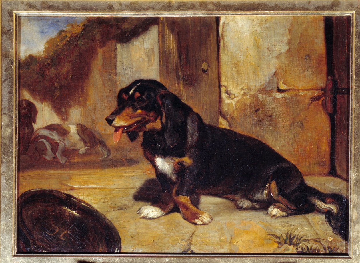 Un perro basset "Perros de caza en reposo" de Alexandre Gabriel Decamps