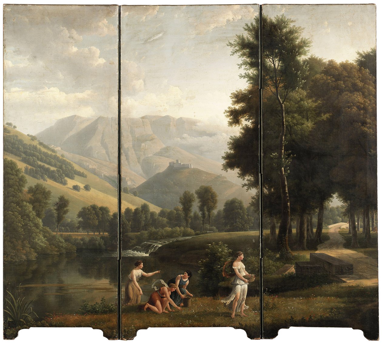 Un paisaje arcadiano con doncellas recogiendo flores junto a un río, un castillo en la cima de una colina más allá de Alexandre Hyacinthe Dunouy