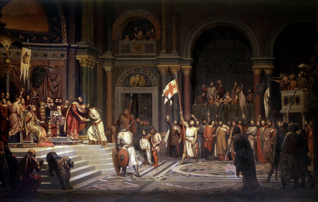 Godofredo de Bouillon recibido por Alexis Comneno, Emperador de Constantinopla, en 1097, durante la defensa de la ciudad contra los turcos durante la Primera Cruzada de Alexandre Jean Baptiste Hesse