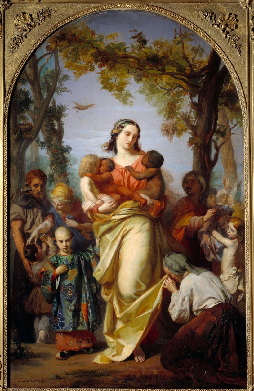 Caridad Universal. Personificación de la Caridad sosteniendo en sus brazos a los diferentes pueblos del mundo de Alexandre Laemlein