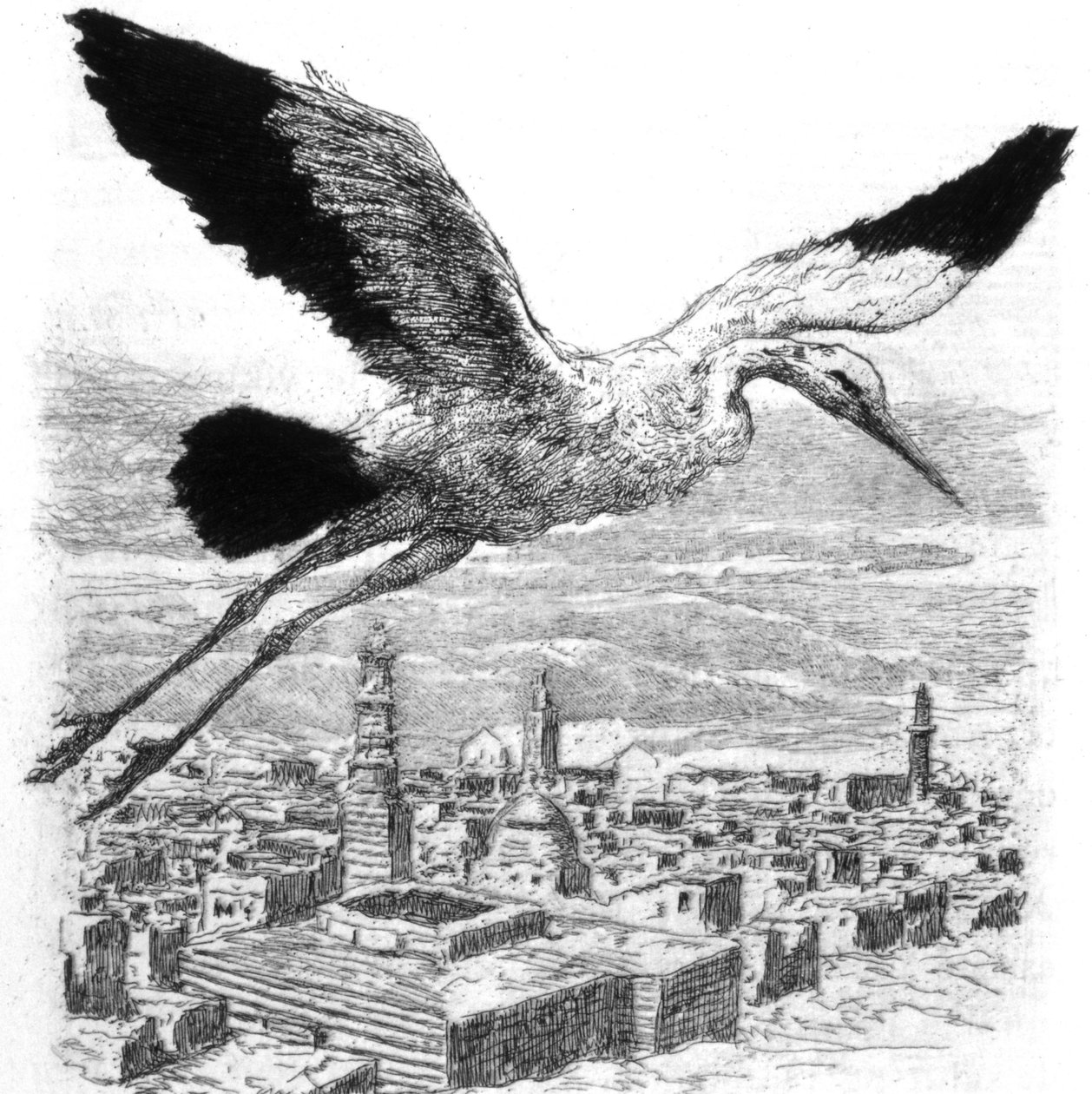 Una cigüeña volando sobre un pueblo del norte de África de Alexandre Lunois