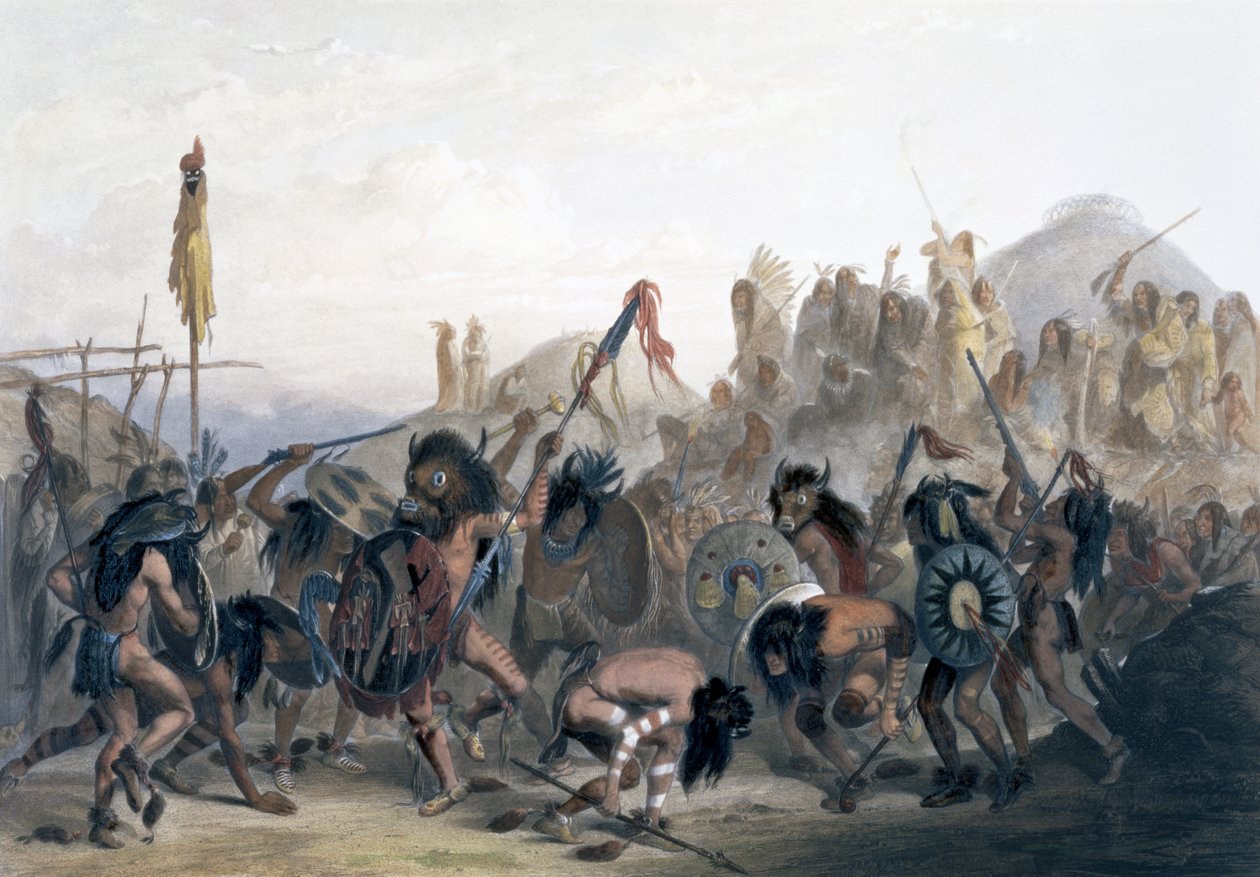 Danza del bisonte de los indios Mandan frente a su cabaña de medicina en Mih-Tutta-Hankush de Alexandre Manceau