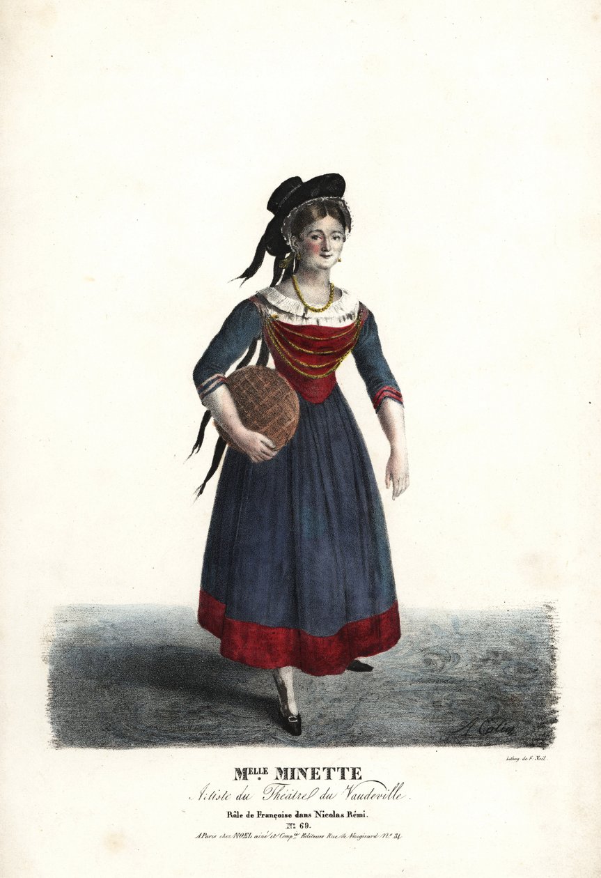 La actriz Mademoiselle Minette o Jeanne-Marie-Francoise Menestrier como Francoise en Nicolas Remi por Sewrin, Theatre du Vaudeville de Alexandre Marie Colin