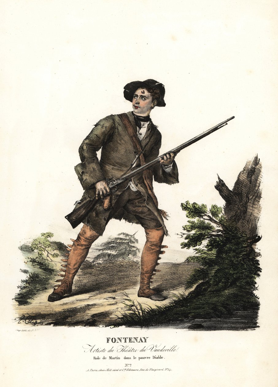 Jean-Baptiste Fontenay y Martin en Le Poor Diable por Balisson y Dumersan, Théâtre du Vaudeville. Litografía coloreada a mano por F. Noel después de una ilustración de Alexandre-Marie Colin de retratos de actrices en diferentes roles, F. Noel, París de Alexandre Marie Colin