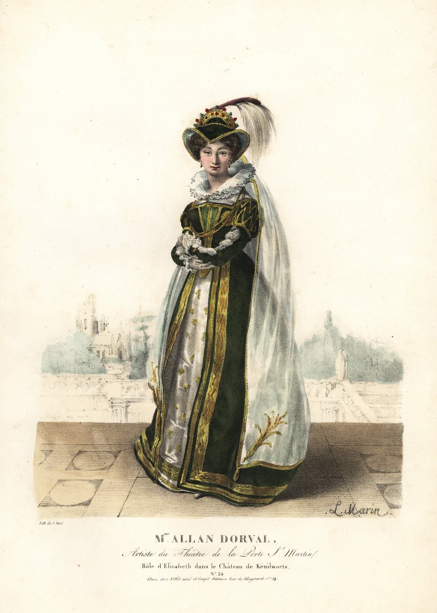 Marie Dorval o Madame Allan Dorval como la Reina Isabel en Le Chateau de Kenilworth de Jean-Baptiste Blache y Henri Lemaire, Théâtre de la Porte St. Martin de Alexandre Marie Colin