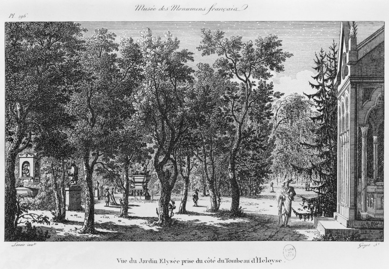 Museo de los Monumentos Franceses, París, vista del Jardín Elíseo desde la tumba de Heloísa y Abelardo, grabado por Laurent Guyot (1756-1806) de Alexandre Marie Lenoir